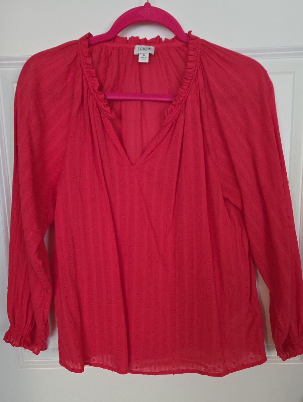J. Crew Dark Coral V-Neck Ruffle Trim Blouse